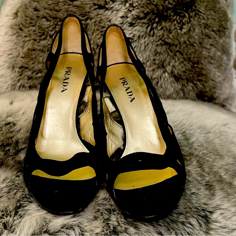 Prada Black Suede Cage Open Toe Heels